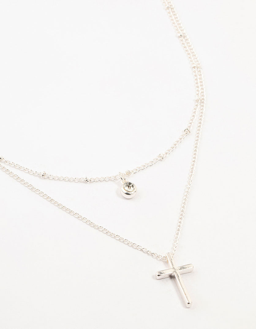 Silver Diamante Cross Layered Necklace