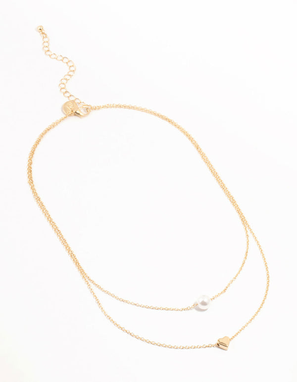 Gold Double Chain Pearl & Heart Necklace