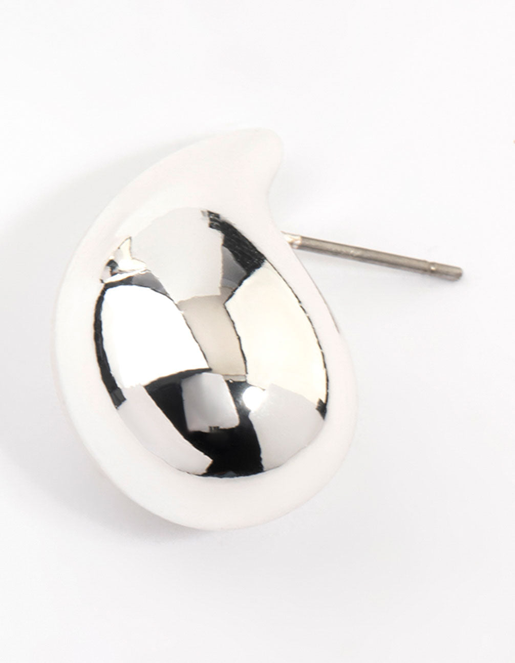Showcasing silver plated teardrop stud earrings with fastening mechanism post detail view