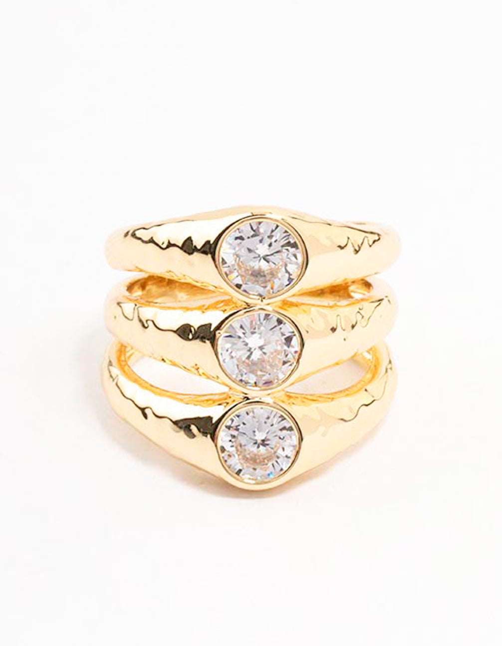 Gold Plated Textured 3 Row Cubic Zirconia Ring