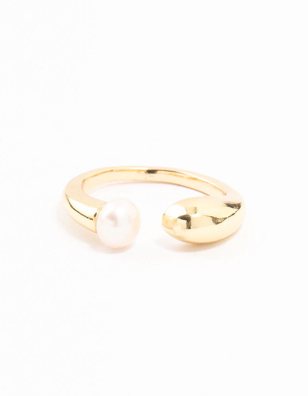Featuring a white pearl, this gold plated open ring close up view