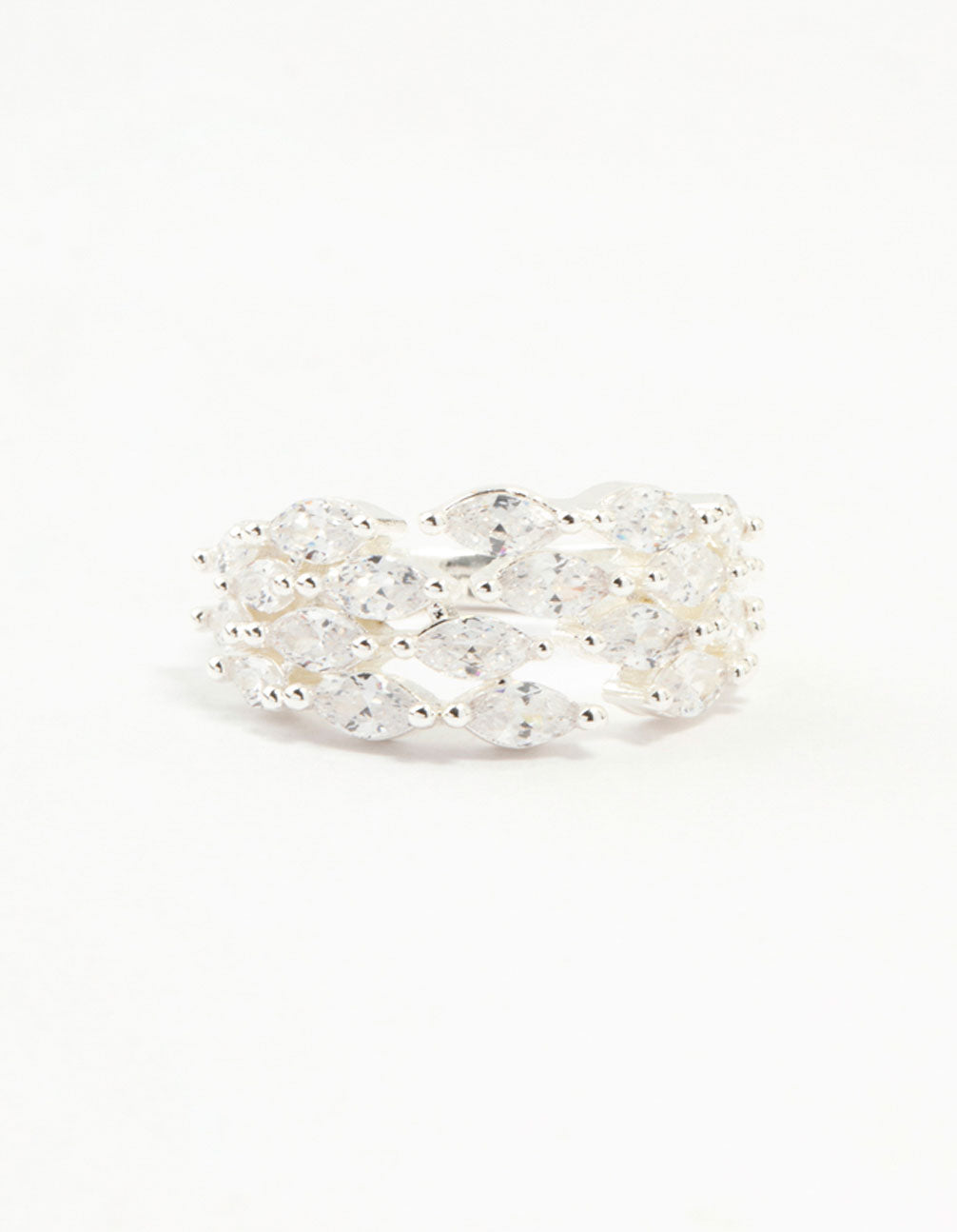 Crafted from silver plated material with marquise cut cubic zirconia stones in an open design close up view