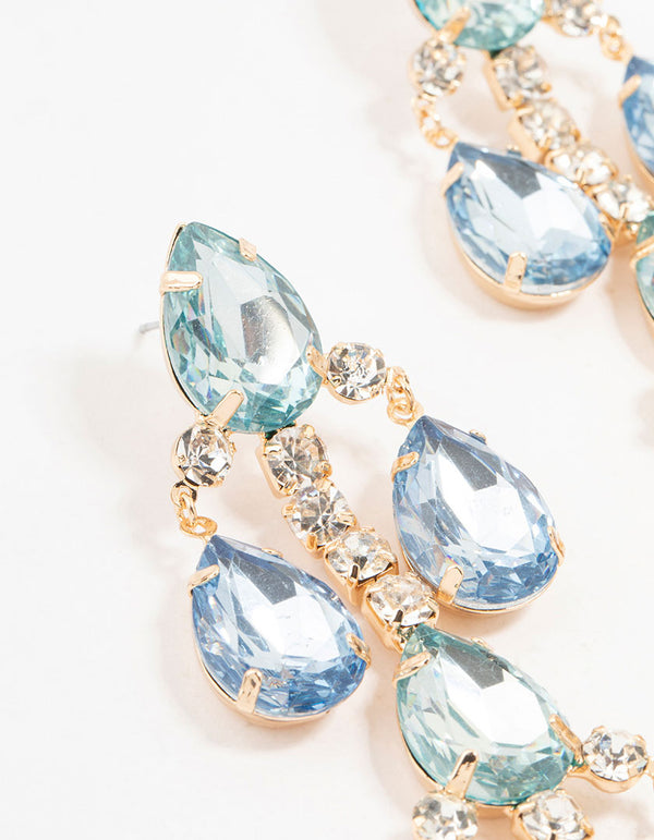 Gold Light Blue Teardrop Stone Set Drop Earrings