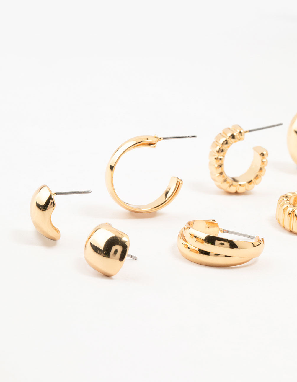 Gold Plated Buggle Ribbed Earrings 4-Pack
