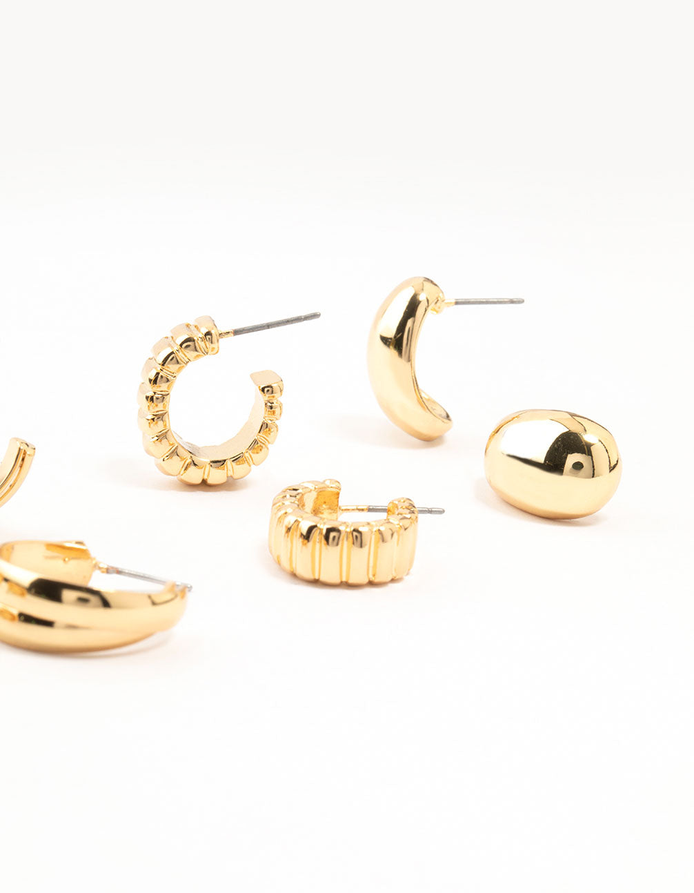 Gold Plated Buggle Ribbed Earrings 4-Pack