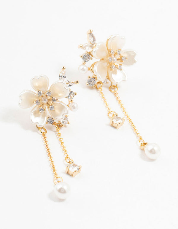 Gold Plated Acrylic Flower Pearl Drop Earrings