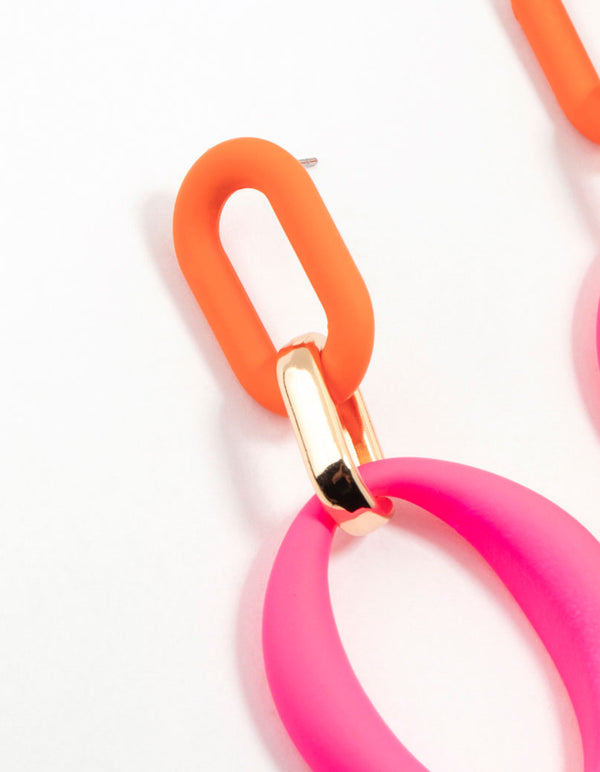 Pink & Orange Coated Metal Link Drop Earrings