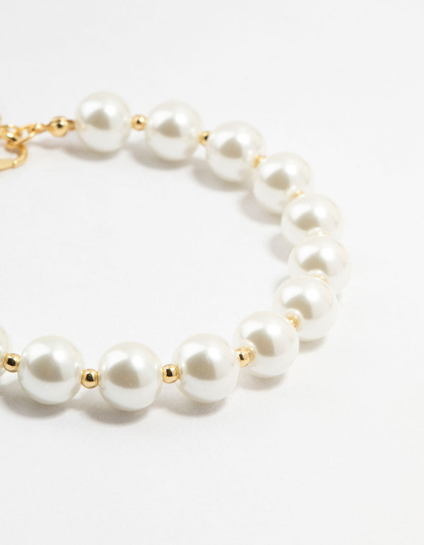 Gold Plated Alternating Medium Pearl & Ball Bracelet