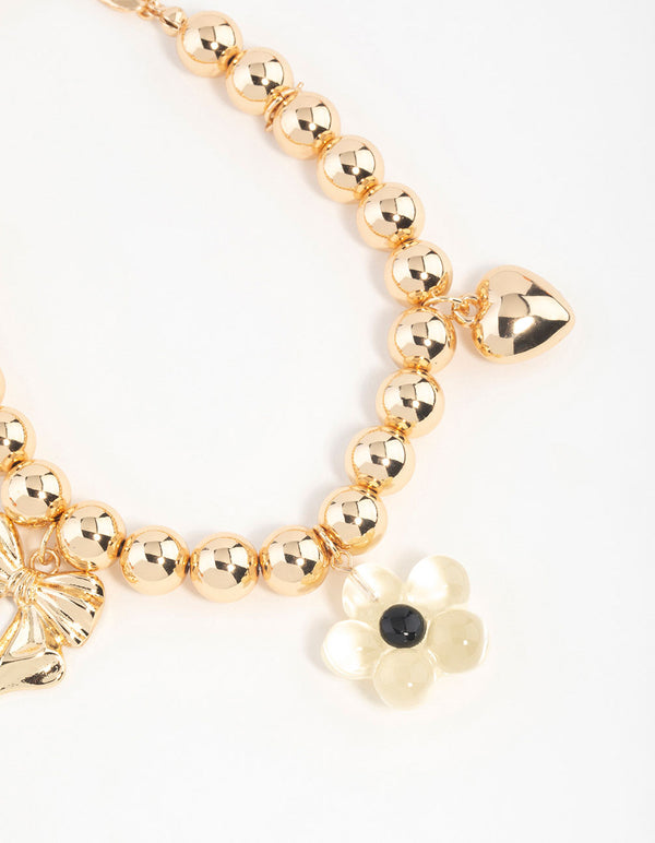 Gold Bow,Flower & Heart Charm Keychain