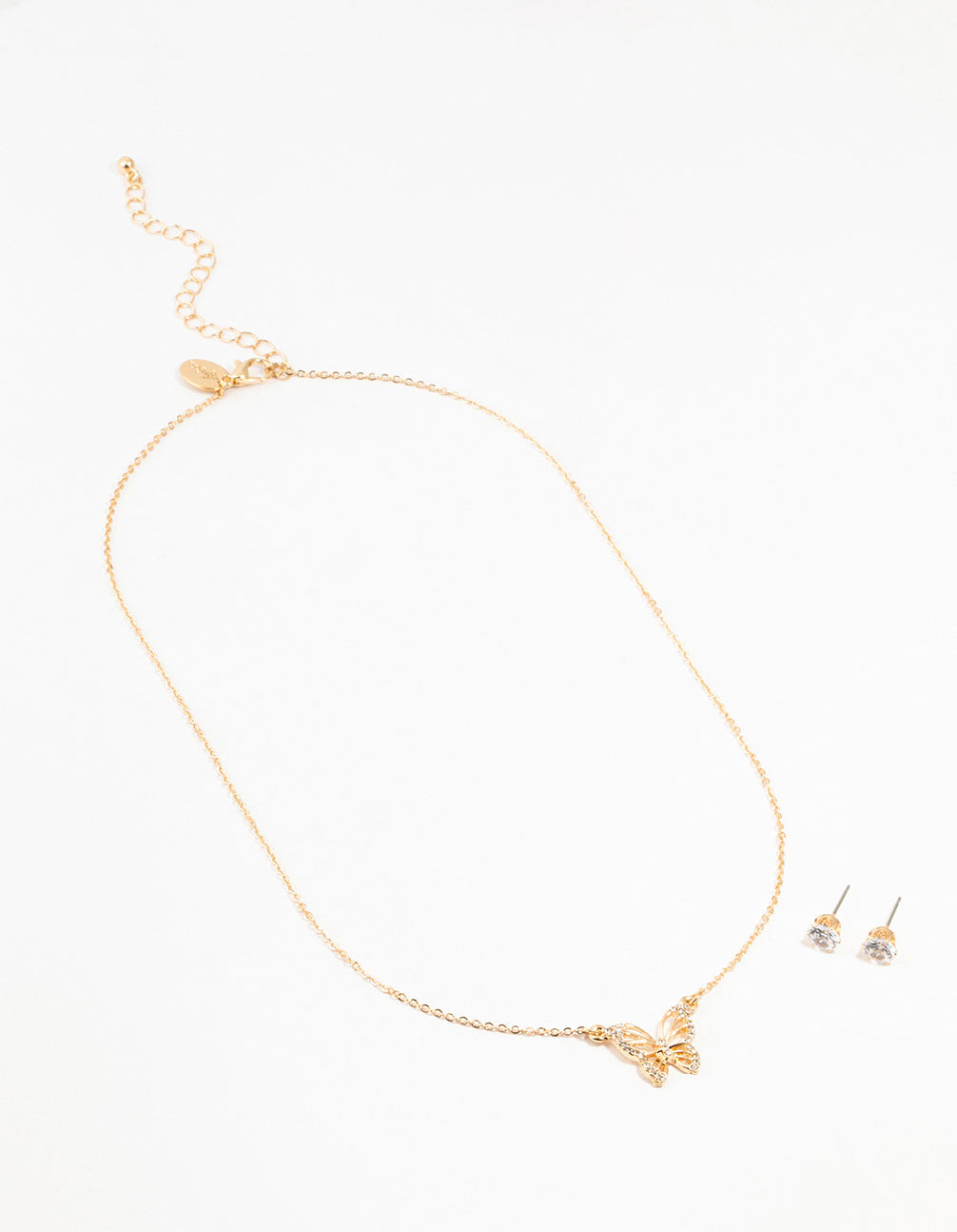Gold Cubic Zirconia Butterfly Necklace & Stud Earrings Set