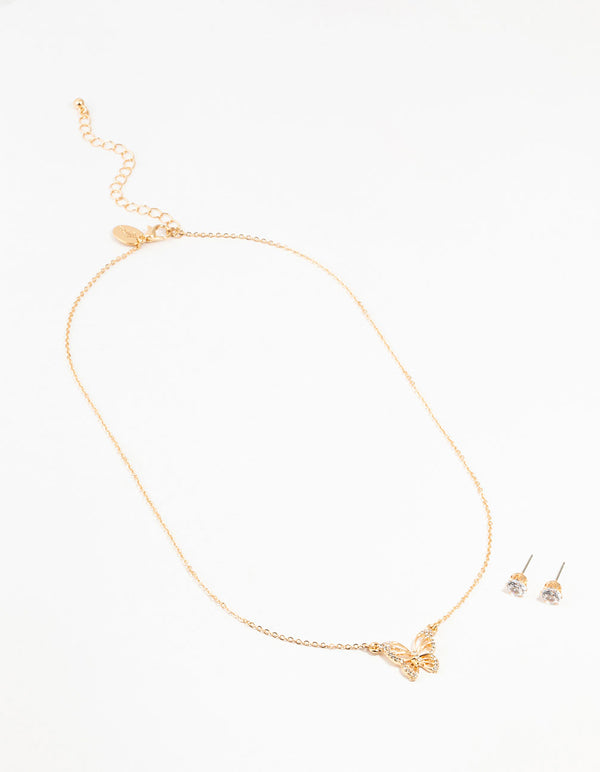 Gold Cubic Zirconia Butterfly Necklace & Stud Earrings Set