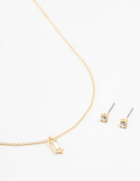 Gold Plated Baguette Necklace & Stud Earrings Set - link has visual effect only
