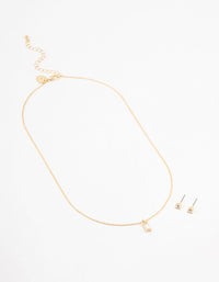 Gold Plated Baguette Necklace & Stud Earrings Set - link has visual effect only