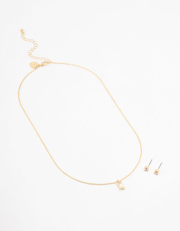 Gold Plated Baguette Necklace & Stud Earrings Set