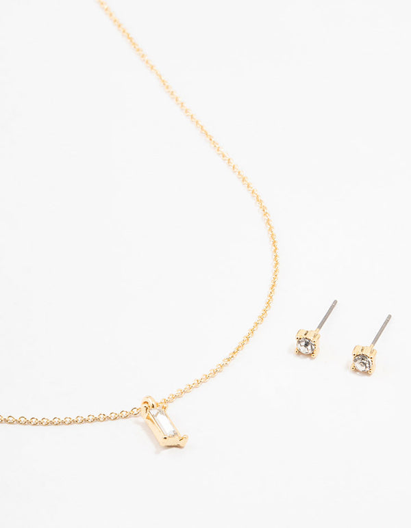 Gold Plated Baguette Necklace & Stud Earrings Set