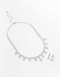 Silver Scallop Cubic Zirconia Flower Necklace & Earrings Set - link has visual effect only