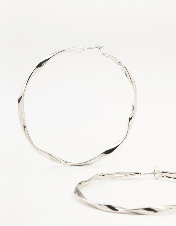 Silver Thin Smooth Twisted Hoop Earrings