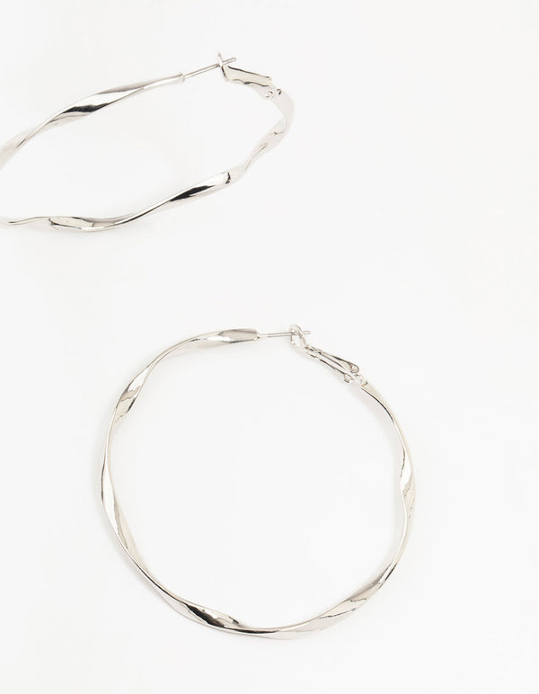 Silver Thin Smooth Twisted Hoop Earrings