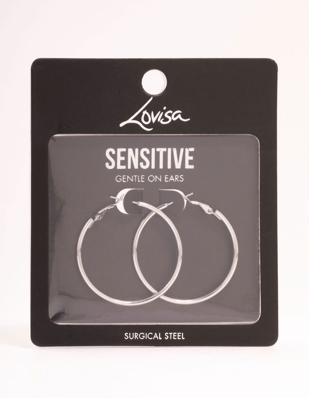 Displaying surgical steel thin hoop earrings in silver with hoop closure post detail view