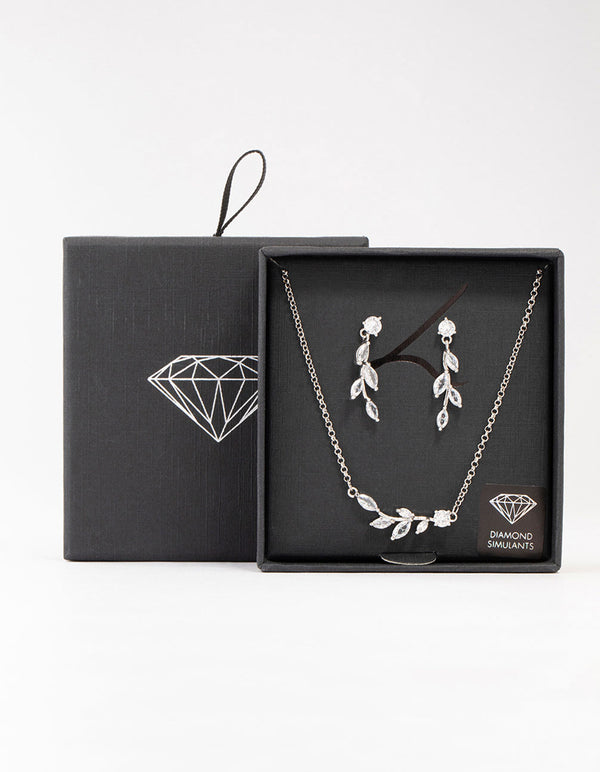 Silver Olive Branch Necklace & Earrings Set