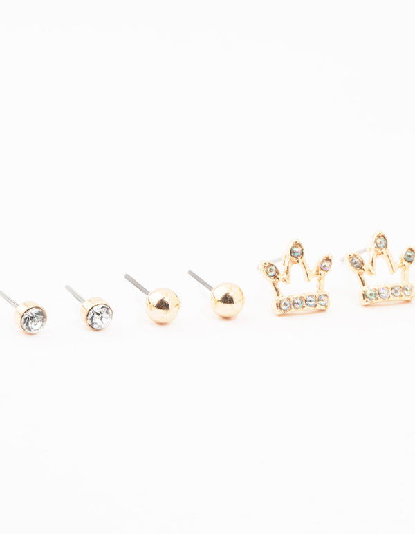 Kids Gold Diamante & Heart Stud Earrings Pack