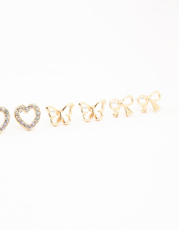Kids Gold Diamante & Heart Stud Earrings Pack