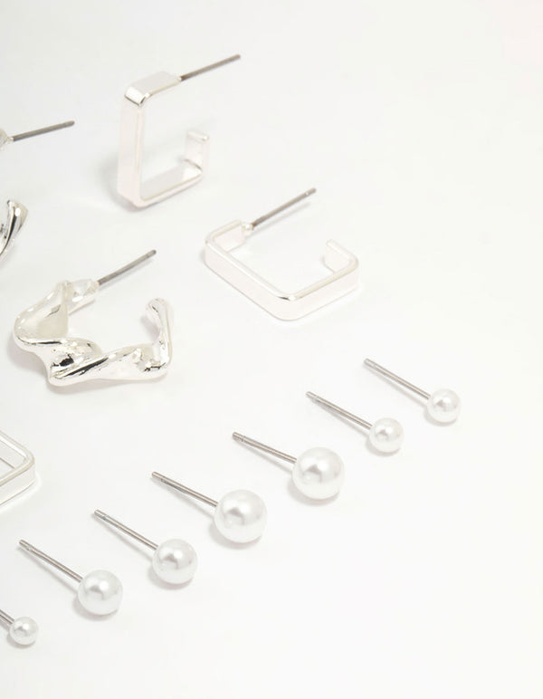 Silver Pearl & Mixed Shape Hoop Earrings 8-Pack