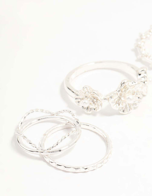 Silver Twisted, Sleek & Diamante Flower Style Rings 5-Pack