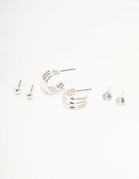Silver Diamante Triple Hoop Stud Earrings 3-Pack - link has visual effect only