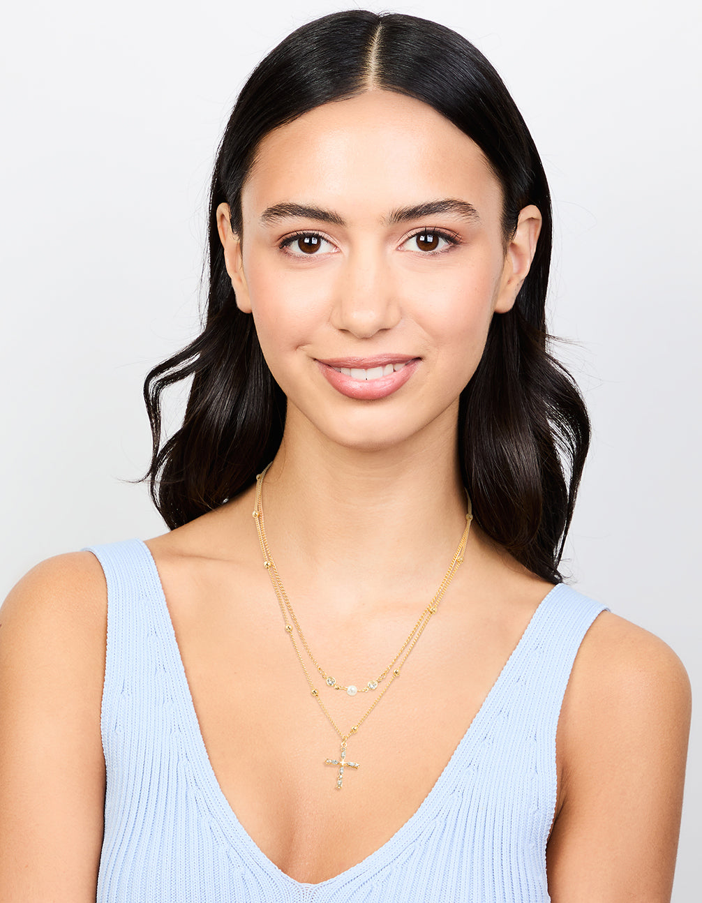 Gold Layered Diamante Cross & Pearl Necklace