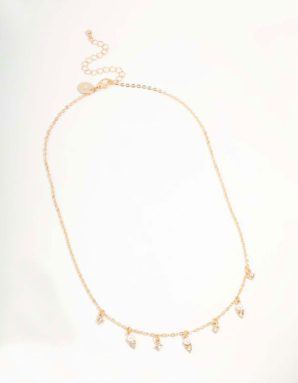Gold Diamante & Pearl Droplet Necklace