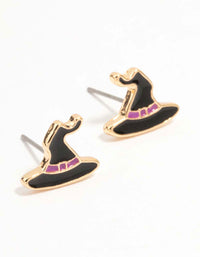Black Witch Hat Stud Gold Earrings - link has visual effect only