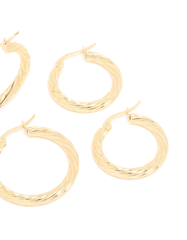 Waterproof Gold Plated Stainless Steel Twisted Hoop Earrings 3-Pack