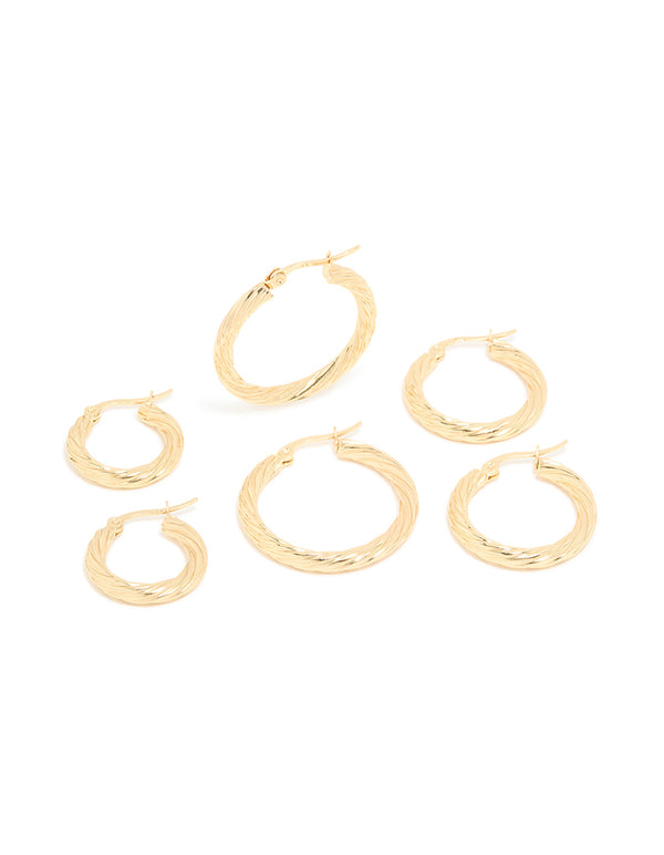 Waterproof Gold Plated Stainless Steel Twisted Hoop Earrings 3-Pack