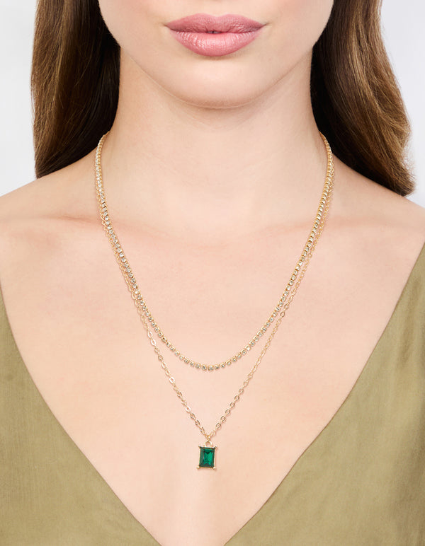 Gold Diamante & Baguette Cut Green Diamante Layered Necklace