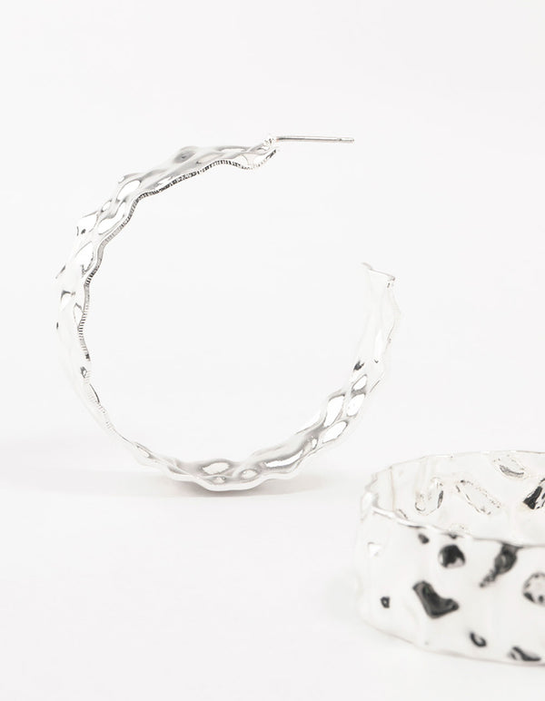 Silver Molten Large Thick Hoop Earrings