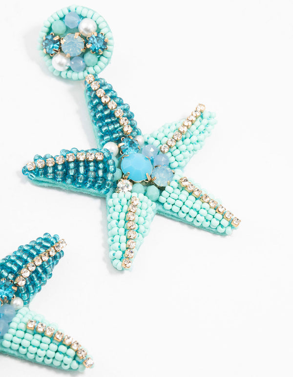Blue Beaded Starfish Drop Earrings