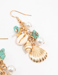 Gold Genuine Shell, Pearl & Blue Stone Drop Earrings - link has visual effect only