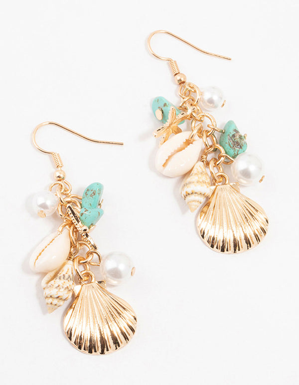 Gold Genuine Shell, Pearl & Blue Stone Drop Earrings