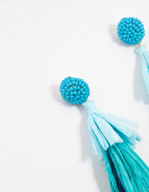 Layered Blue Raffia Tassel Drop Earrings