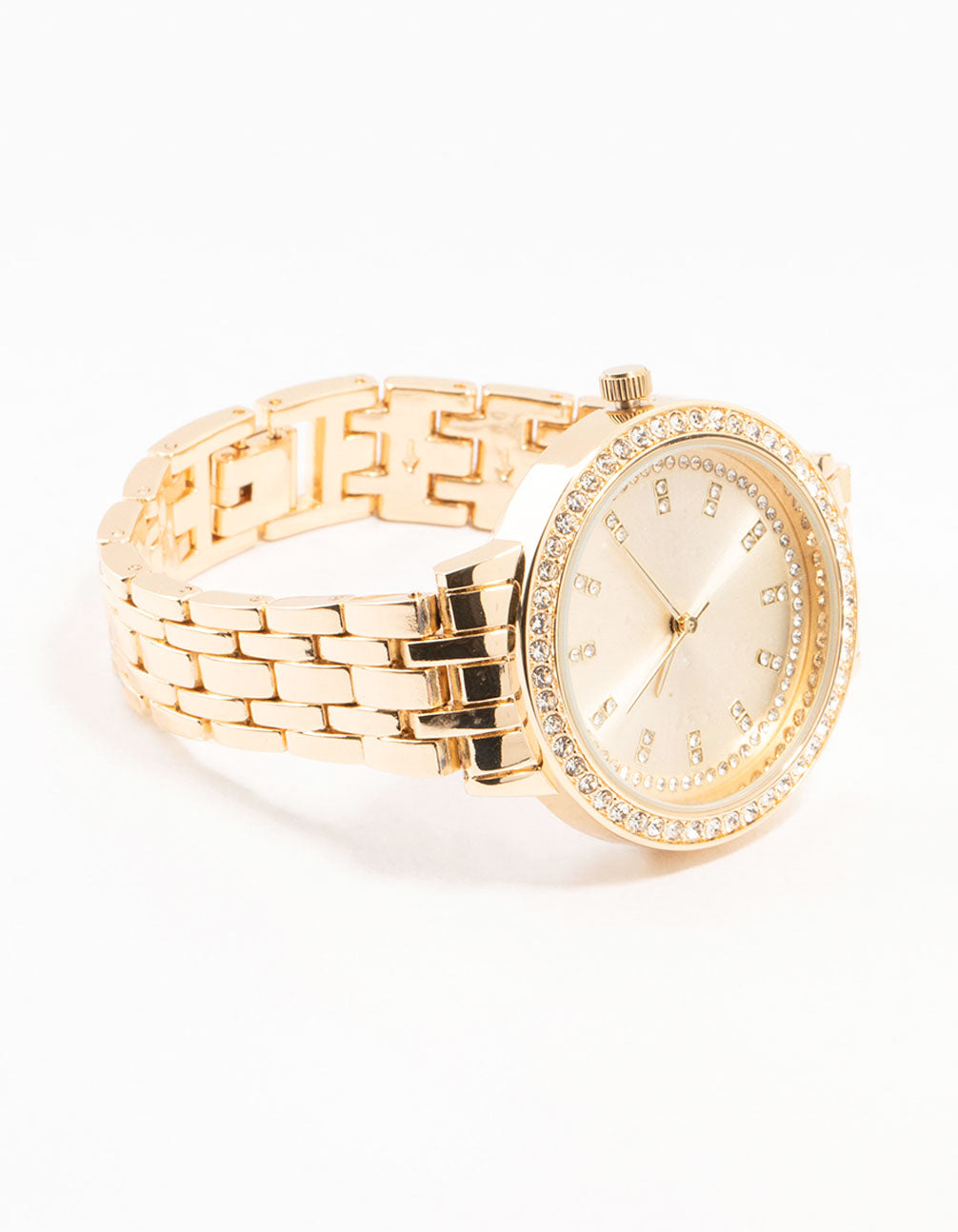 Showcasing a women's round watch featuring a clear stone-look dial with diamante details, designed with a casual analog display and link-band strap in gold front view