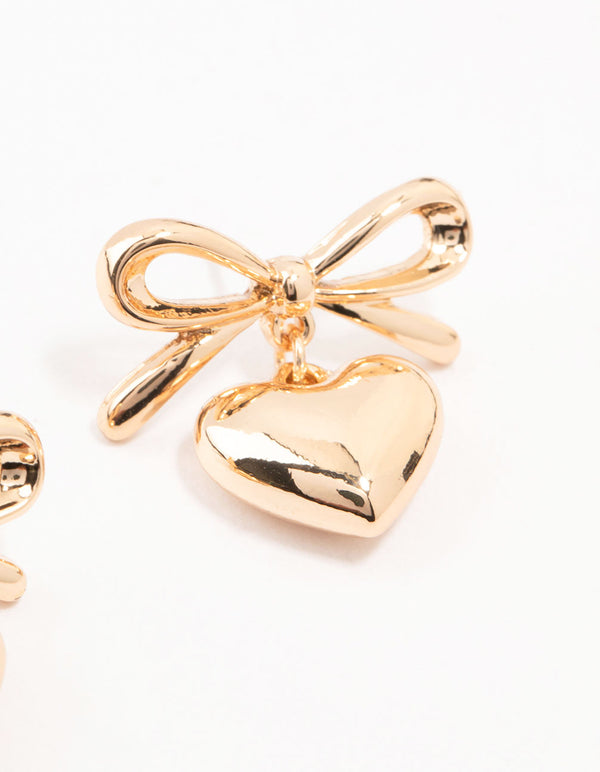 Gold Bow & Puffy Heart Drop Earrings