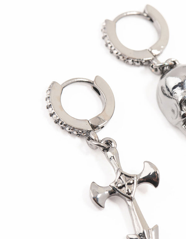 Gunmetal Diamante Cross & Skull Huggie Earrings