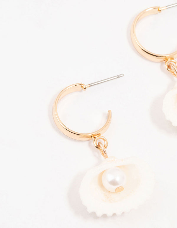 Gold Pearl Clam Hoop Earrings