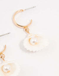 Gold Pearl Clam Hoop Earrings - link has visual effect only