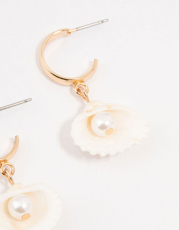 Gold Pearl Clam Hoop Earrings