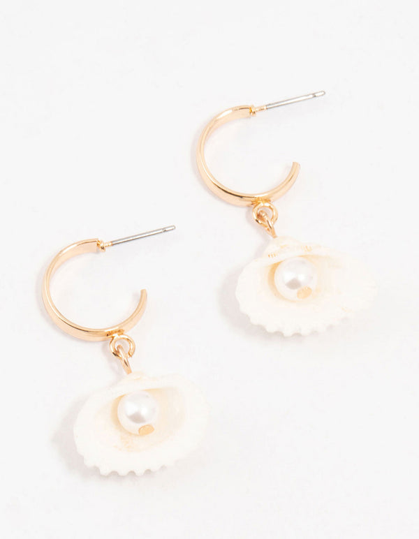 Gold Pearl Clam Hoop Earrings