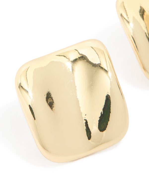 Highlighting gold plated curved square stud earrings close up view