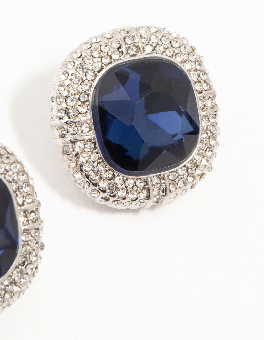 Silver Large Blue Diamante Stud Earrings