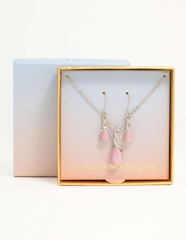 Silver Cat Eye Twisted Necklaces & Stud Earrings Set